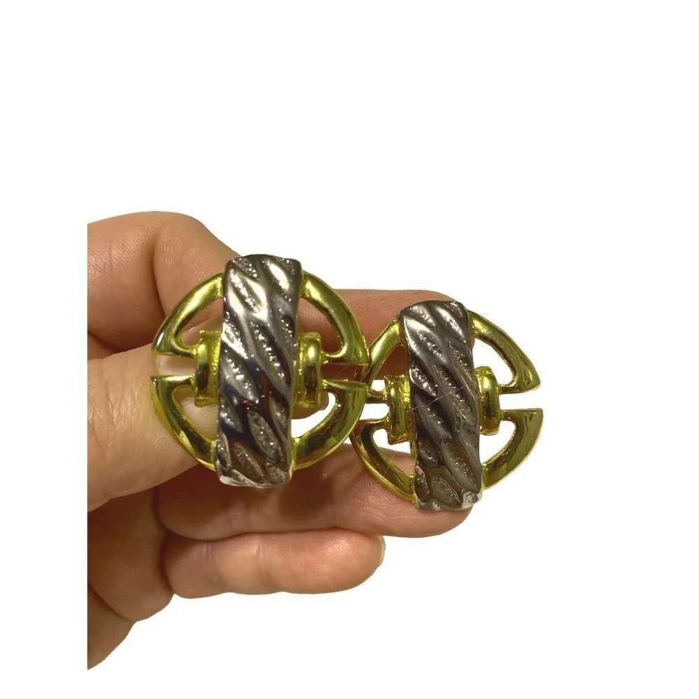 Vintage Clip Earrings Chunky Sandy Gold & silver Tone Metallic Round Geometric 1